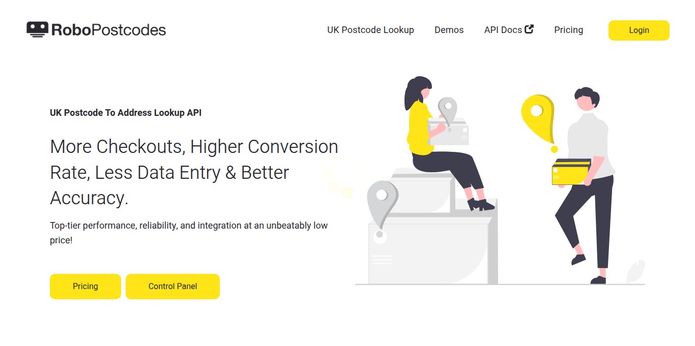 Robo Postcodes Landing page