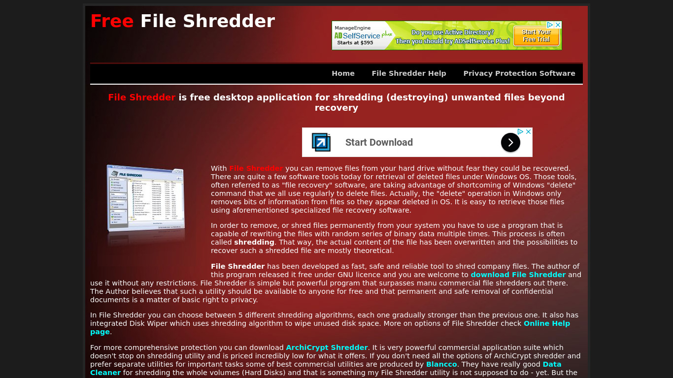 File Shredder Landing page