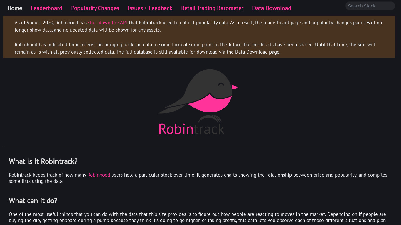 Robintrack Landing page