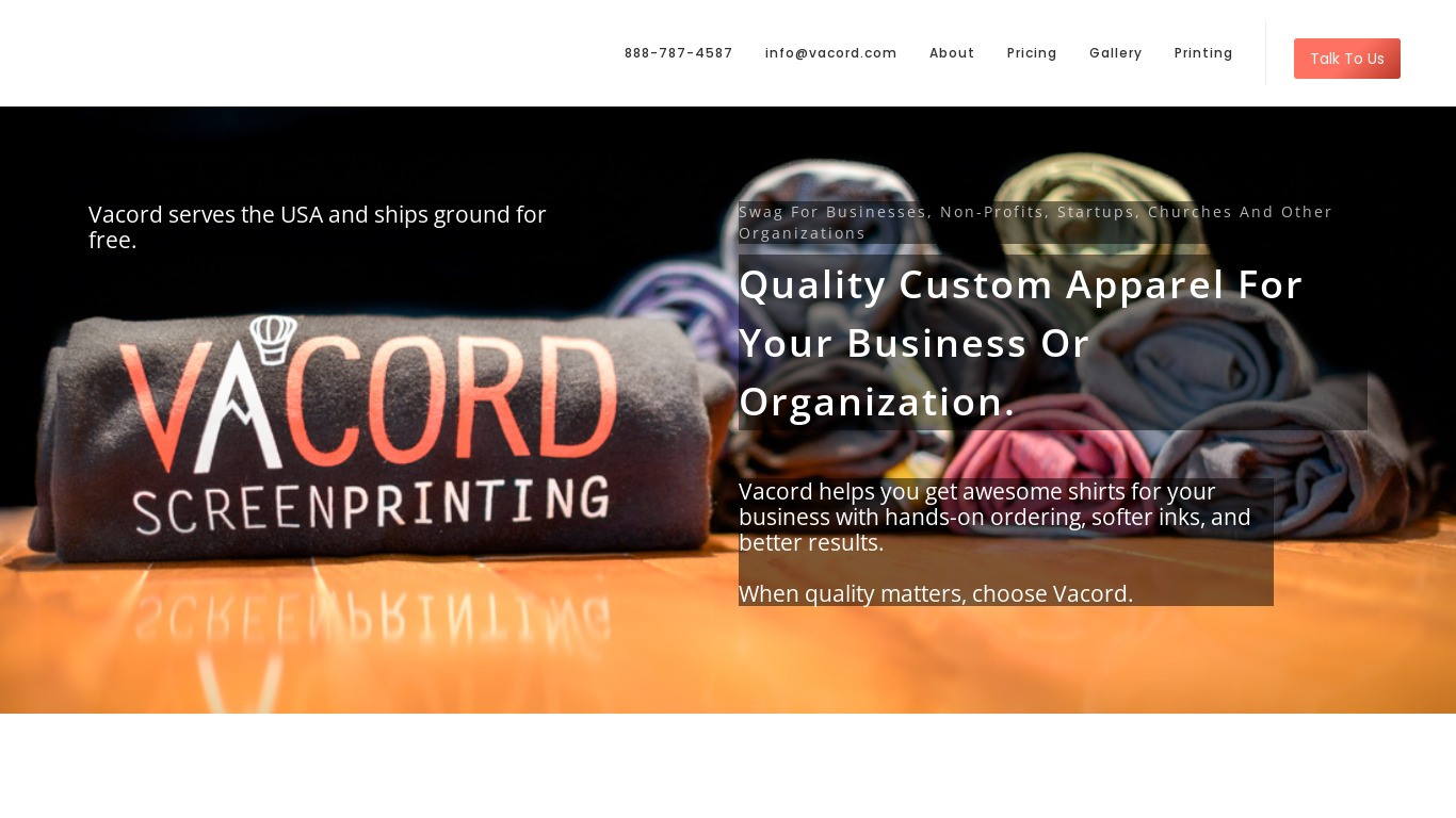 Vacord Screen Printing Landing page