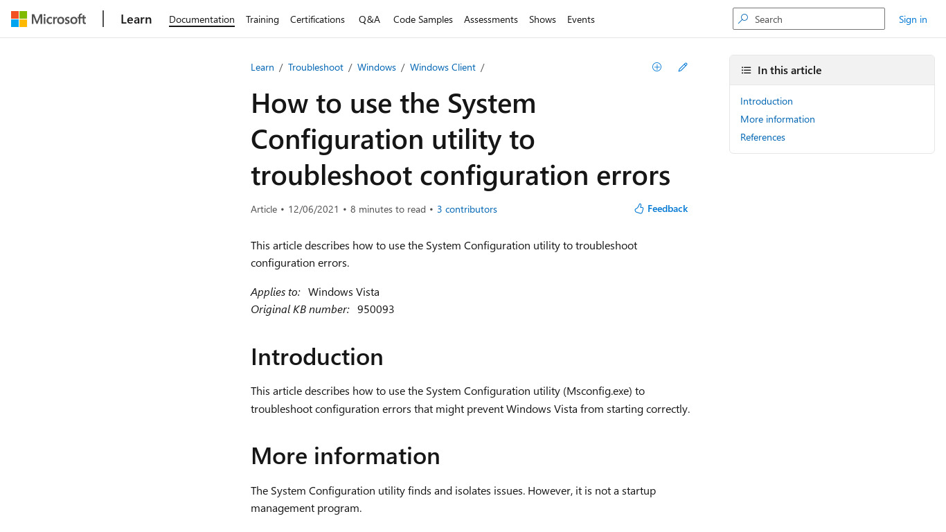 MSConfig Landing page