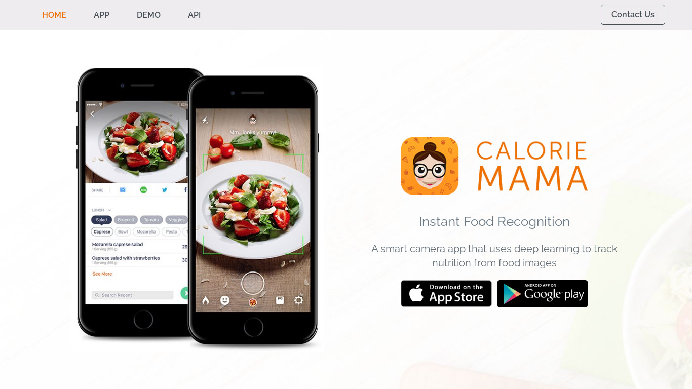 Calorie Mama AI Landing page