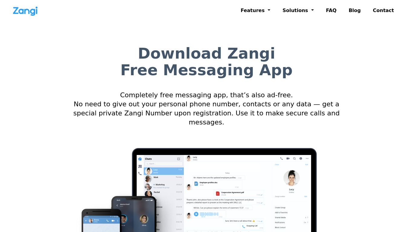 Zangi Private Messenger Landing page
