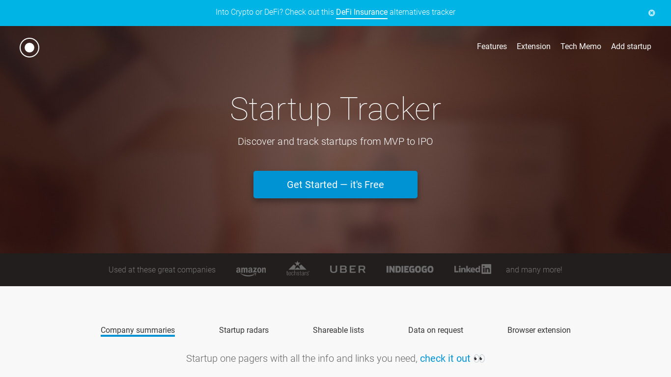 Startup Tracker Landing page