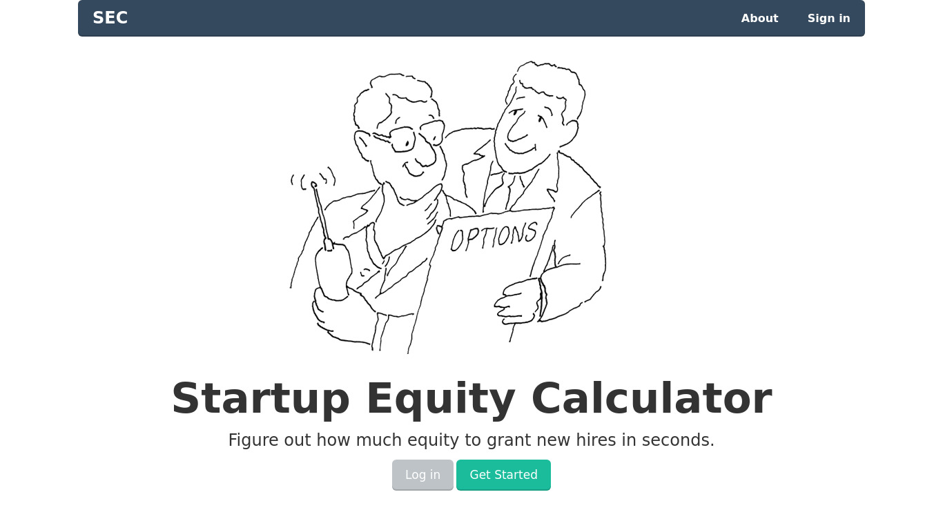 Startup Equity Calculator Landing page
