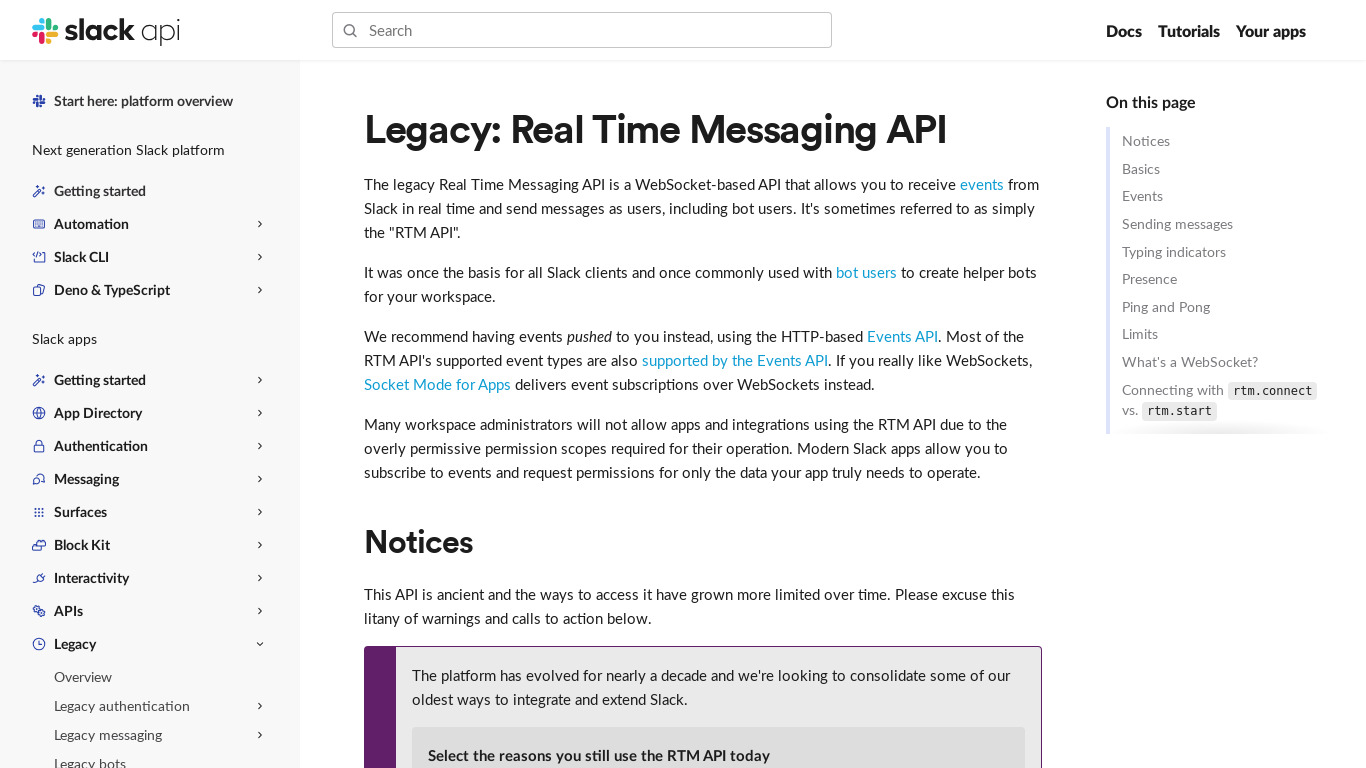 Slack RTM API Landing page