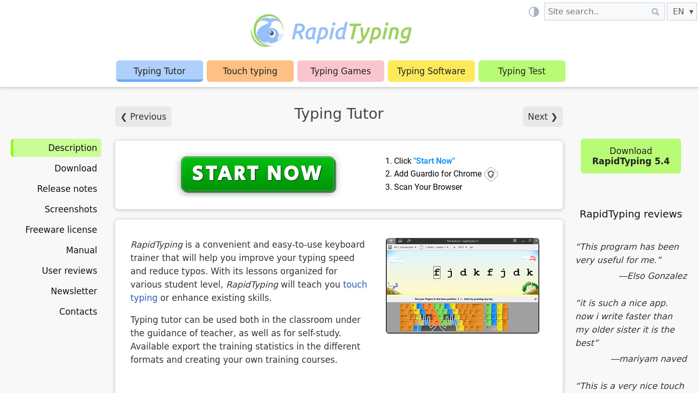 Rapid Typing Tutor Landing page