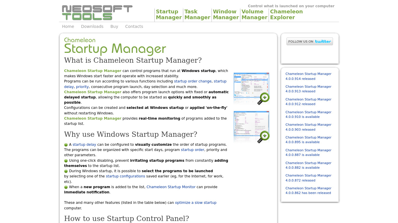 Chameleon Startup Manager Landing page
