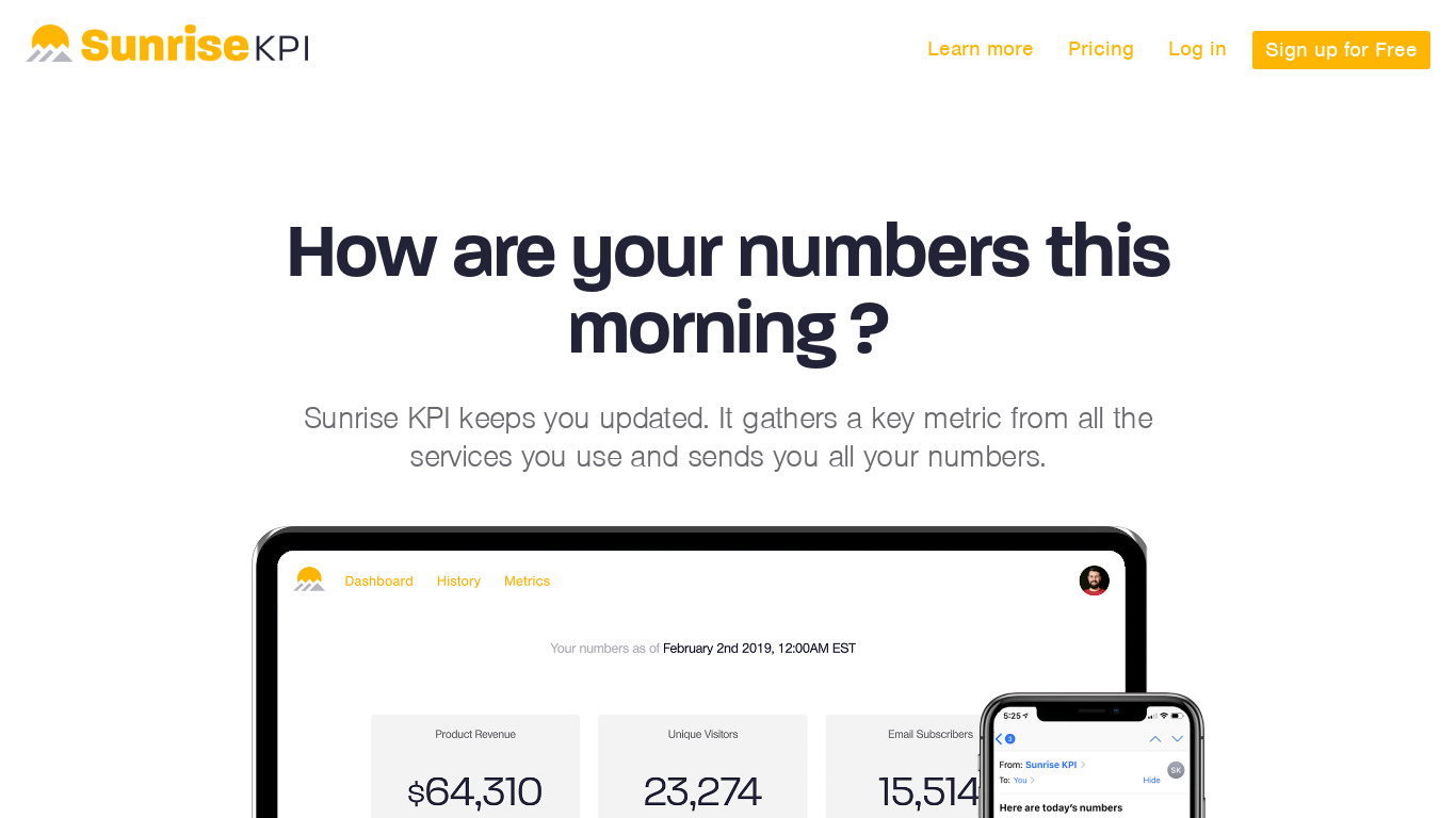 Sunrise KPI Landing page
