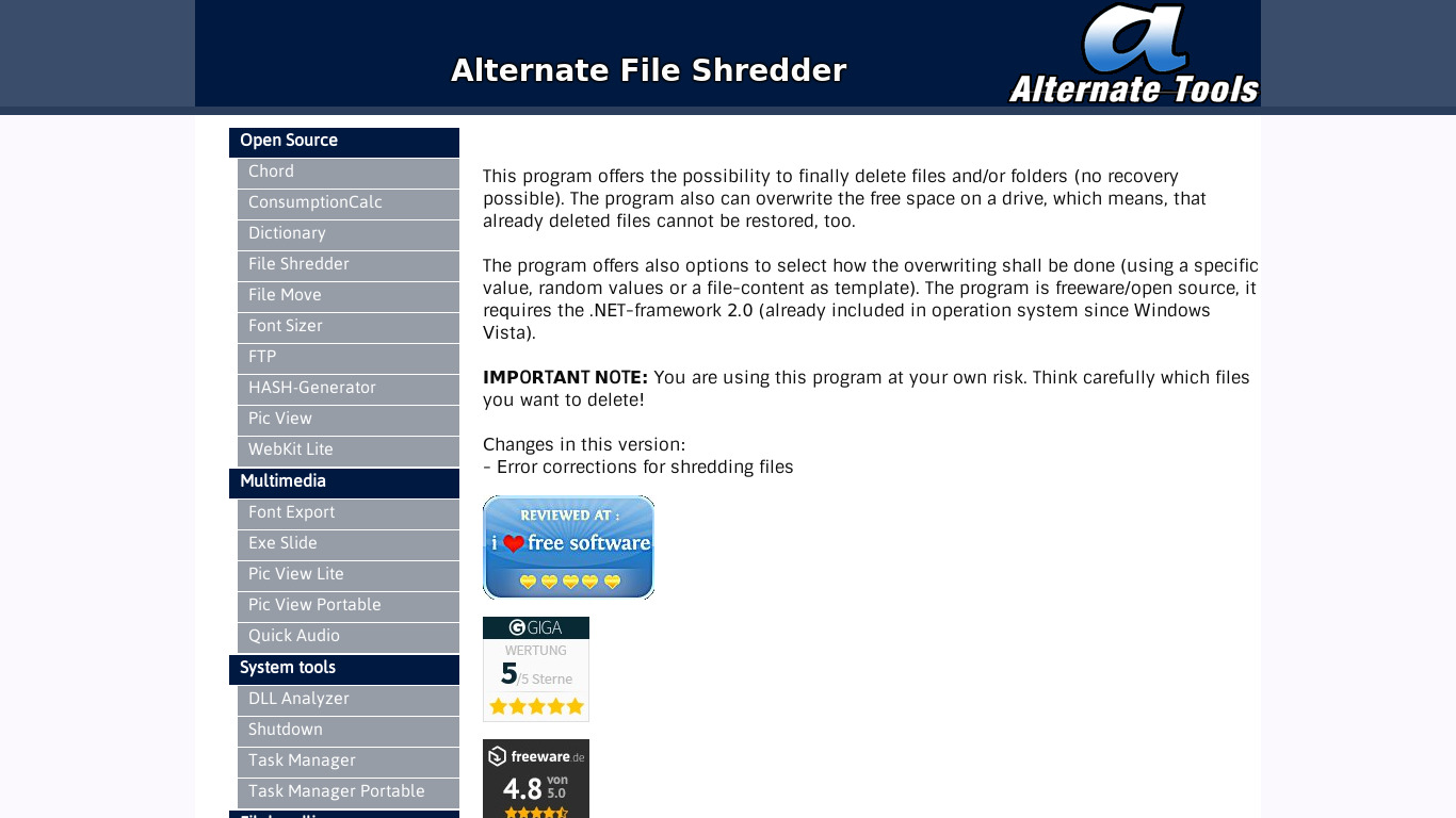 Alternate File Shredder Landing page