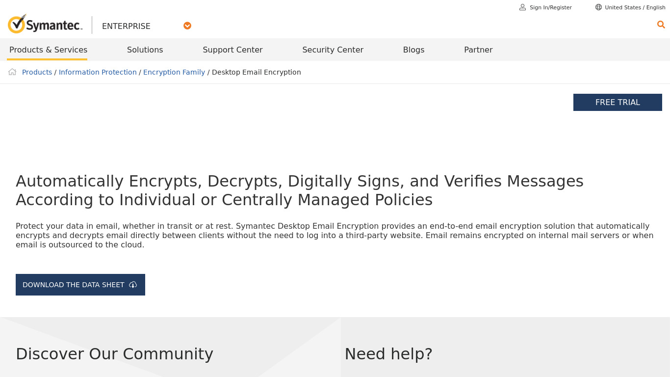 Symantec Desktop Email Encryption Landing page