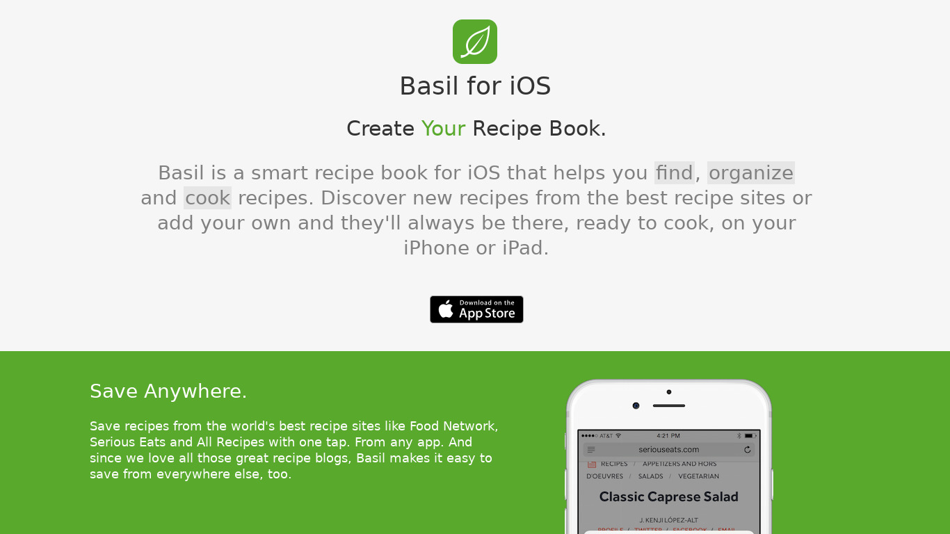 Basil Recipe Manager Landing page