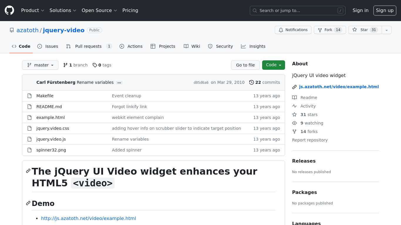 jQuery UI video widget Landing page