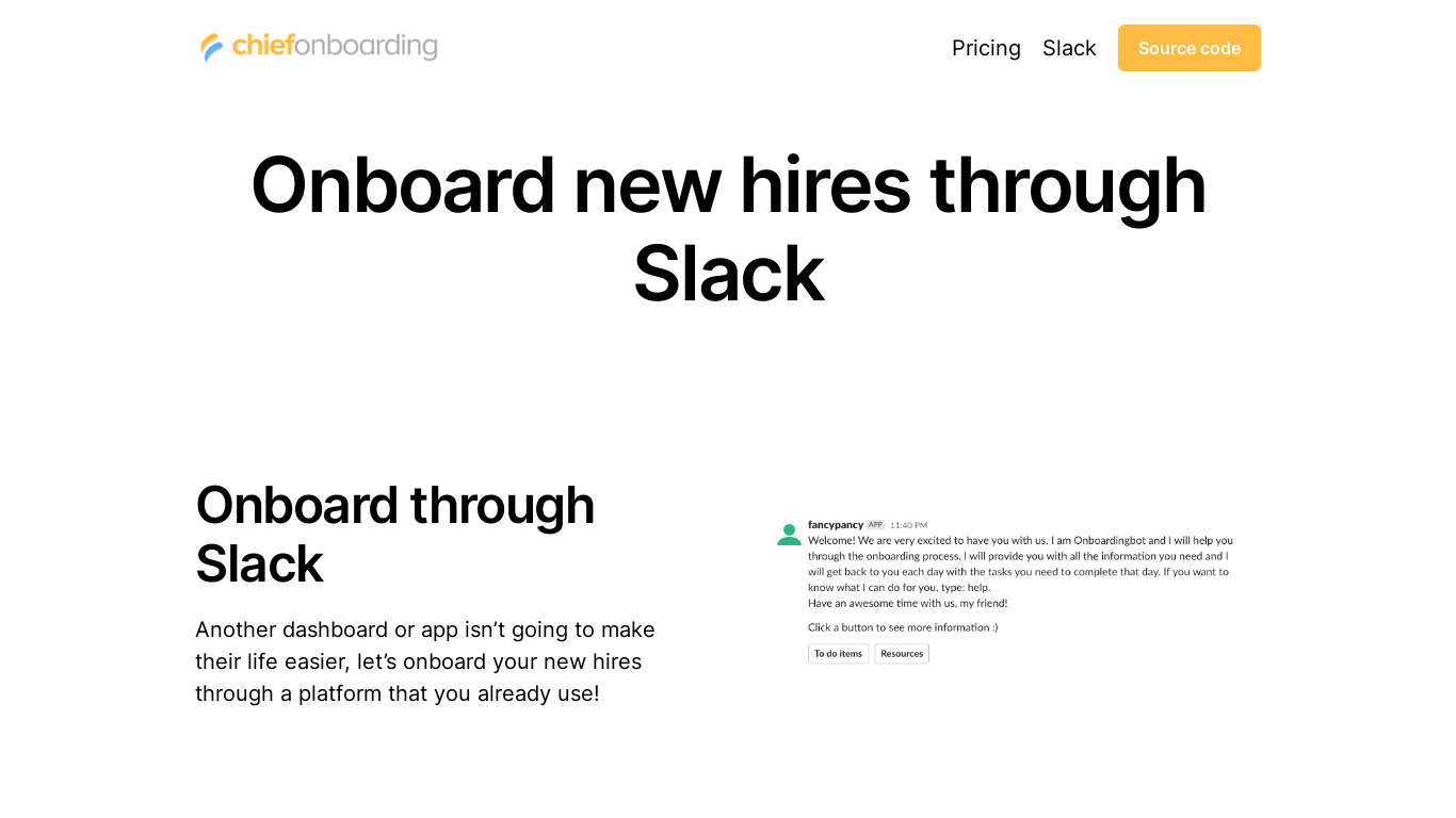 ChiefOnboarding for Slack Landing page