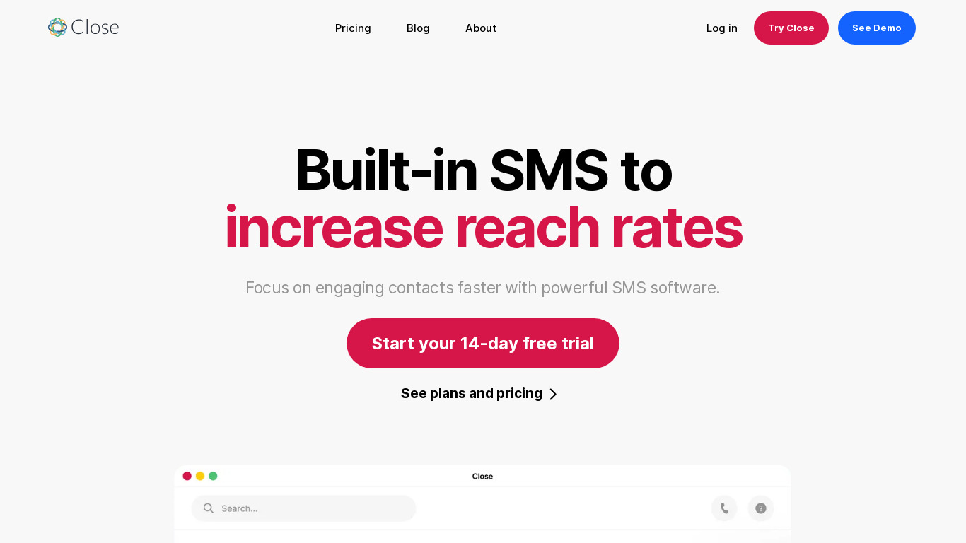 SMS in Close.io Landing page