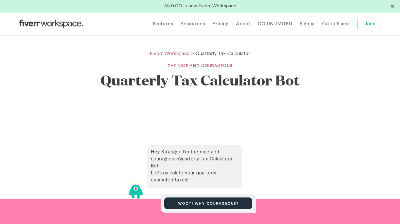 Quarterly Tax Calculator Bot Landing page