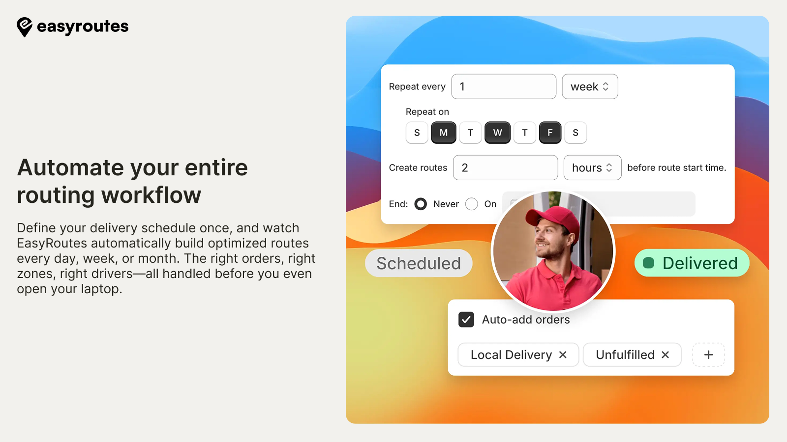 EasyRoutes Define your delivery schedule once, and watch EasyRoutes automatically build optimized routes every day, week, or month. The right orders, right zones, right drivers - all handled before you even open your laptop.