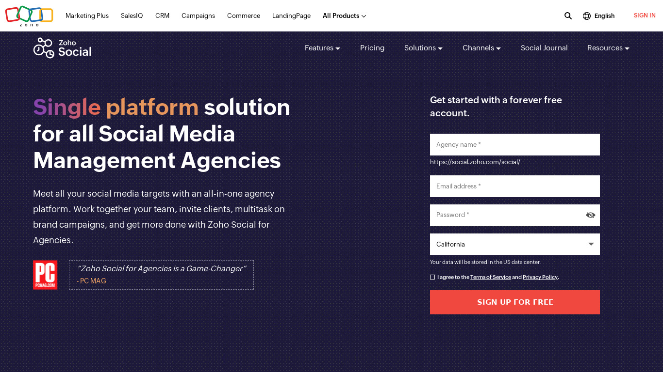 Zoho Social for Agencies Landing page
