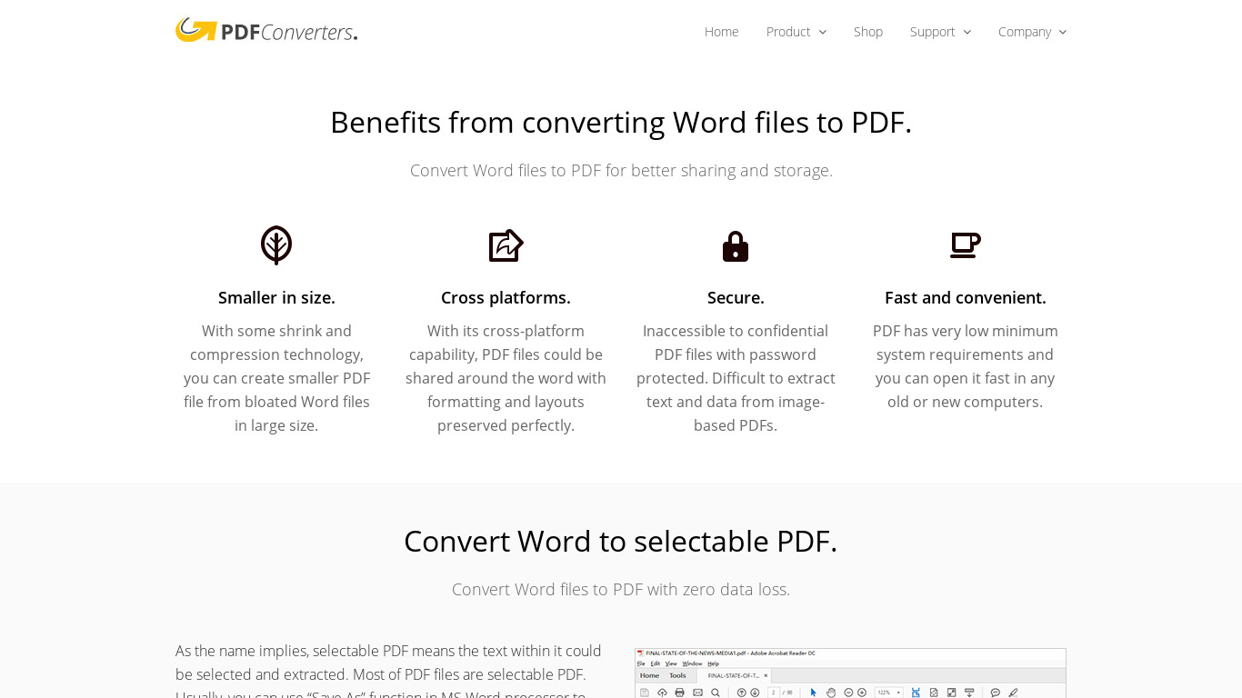 Word to PDF Converter Landing page