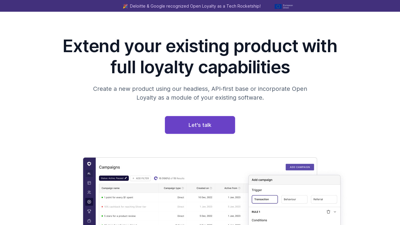 Open Loyalty for Startups Landing page
