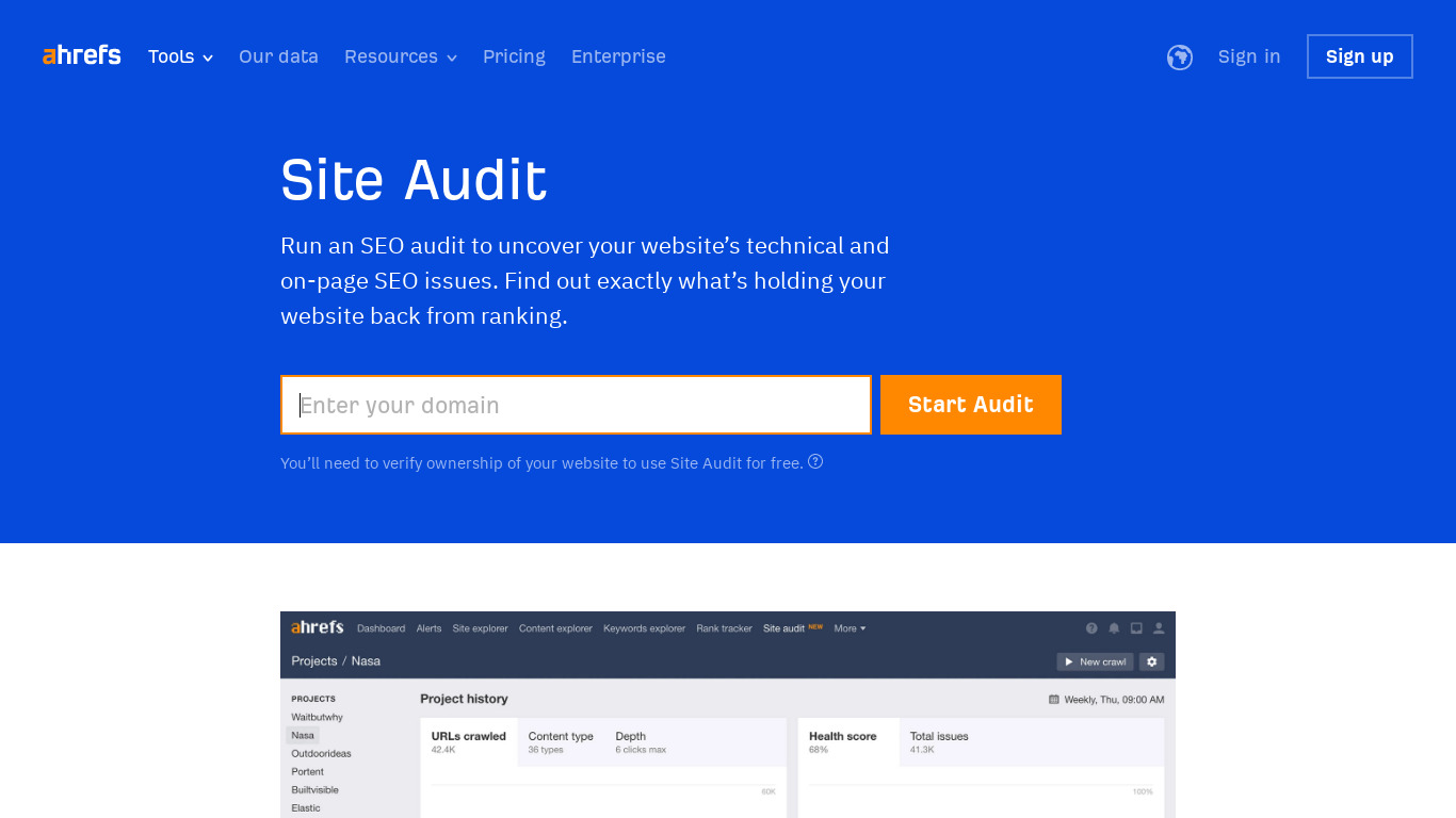Site Audit by Ahrefs Landing page