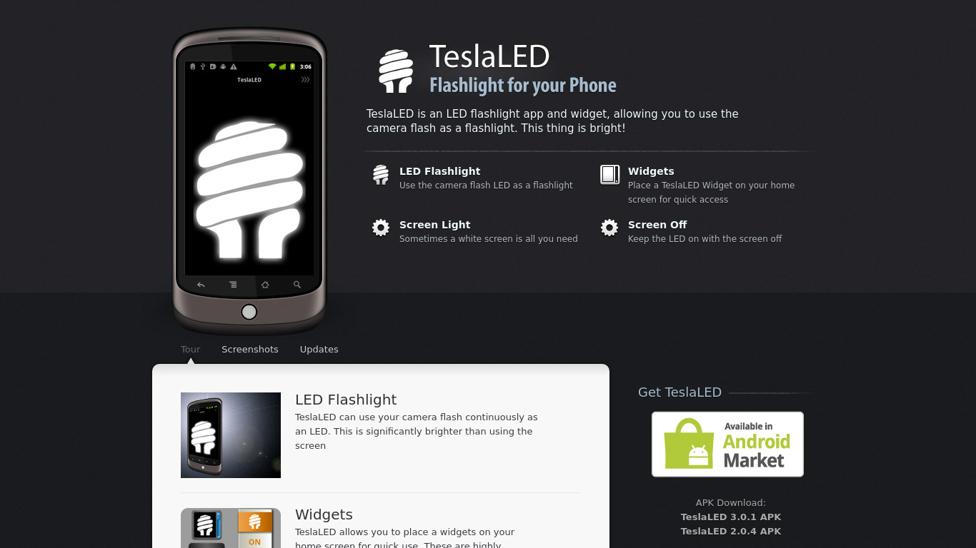 TeslaLED Flashlight Landing page