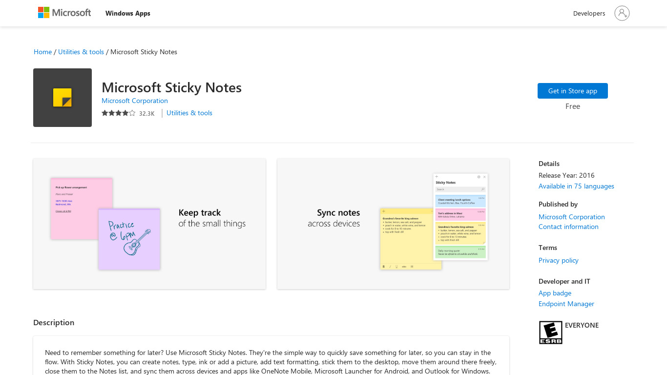 Microsoft Sticky Notes Landing page