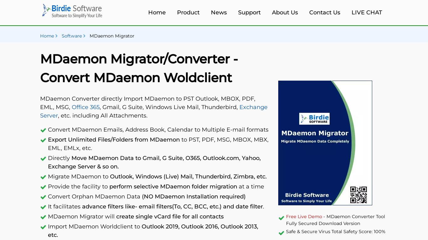 Birdie MDaemon Migrator Landing page