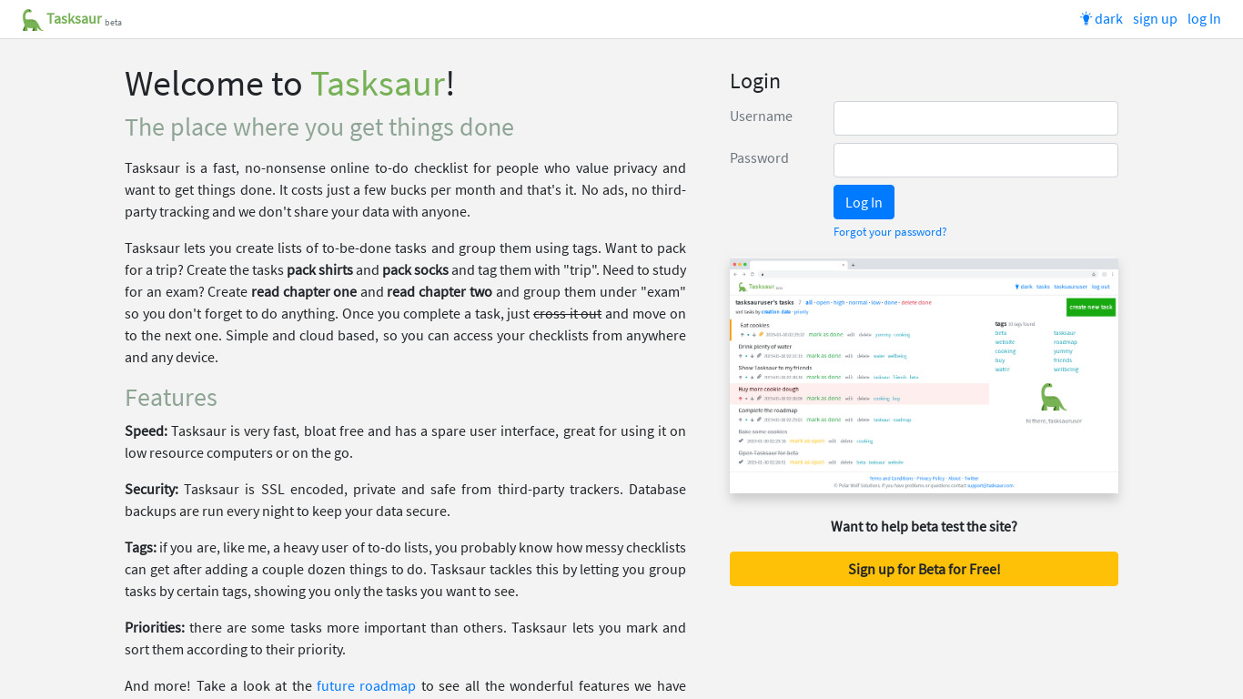 Tasksaur Landing page