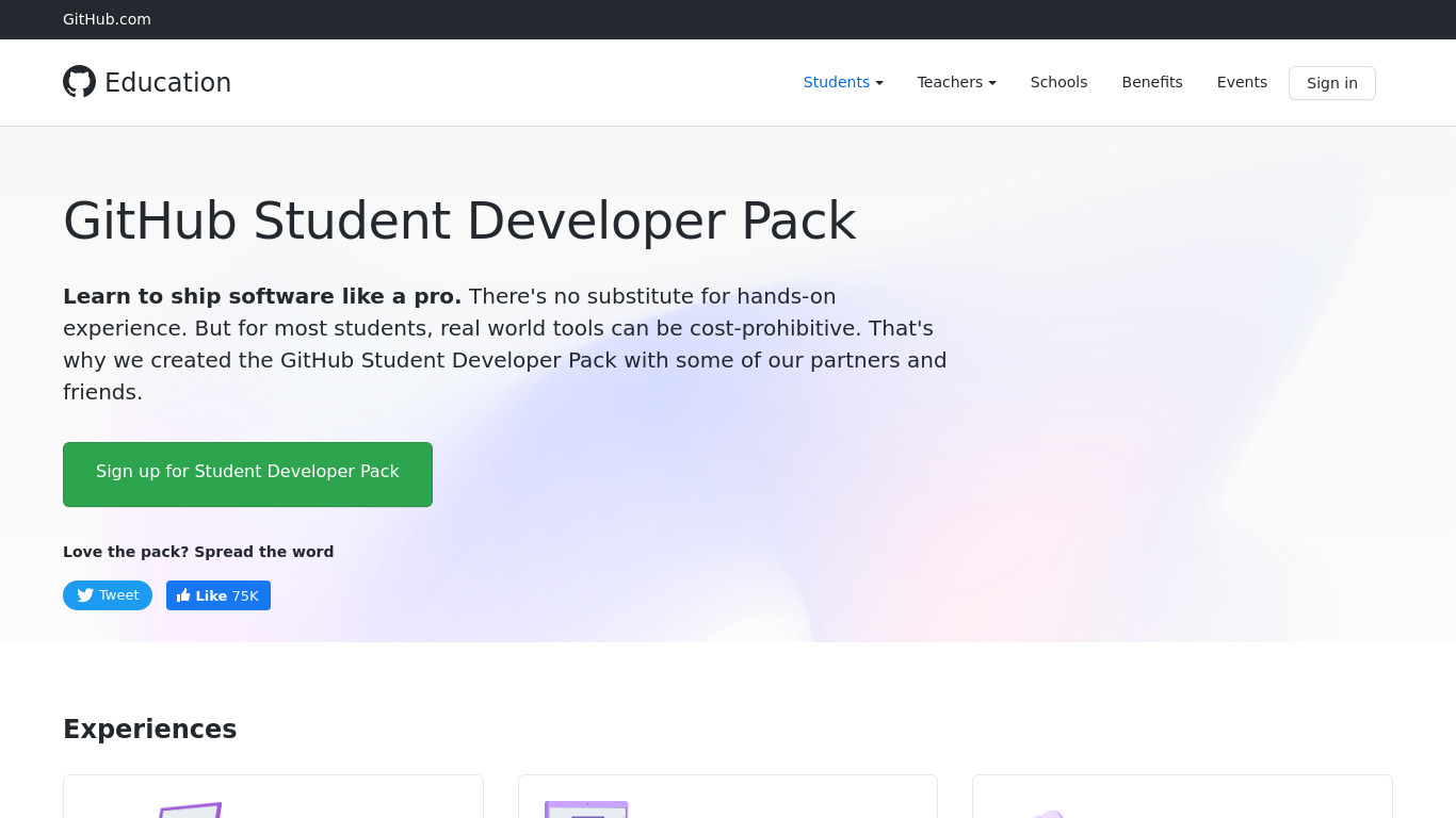 GitHub Student Developer Pack Landing page