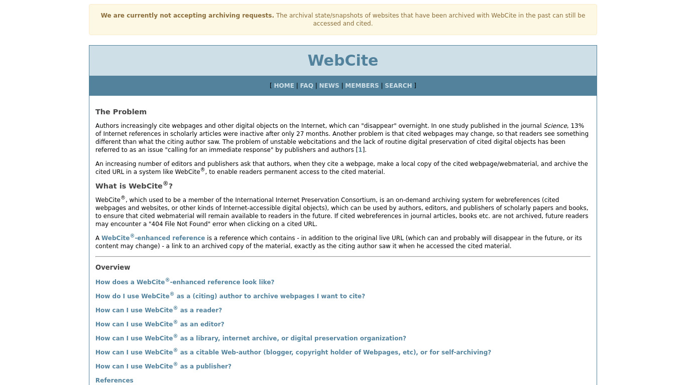 WebCite Landing page