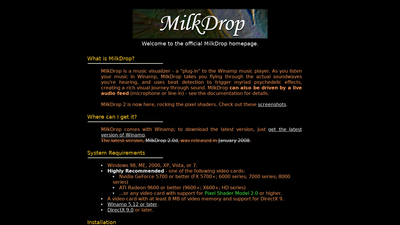 MilkDrop Landing page