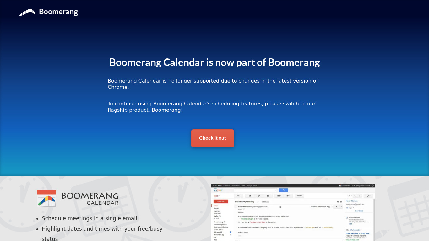 Boomerang Calendar Landing page