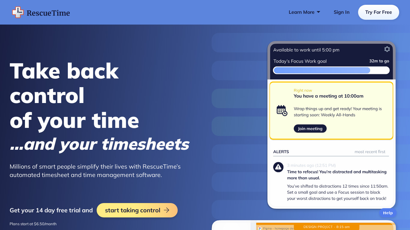 RescueTime Landing page
