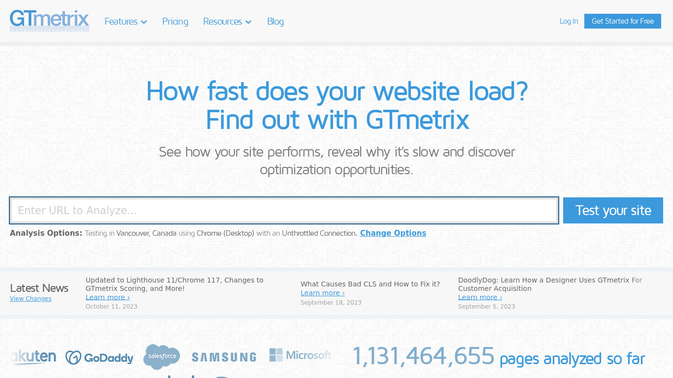 GTmetrix Landing page