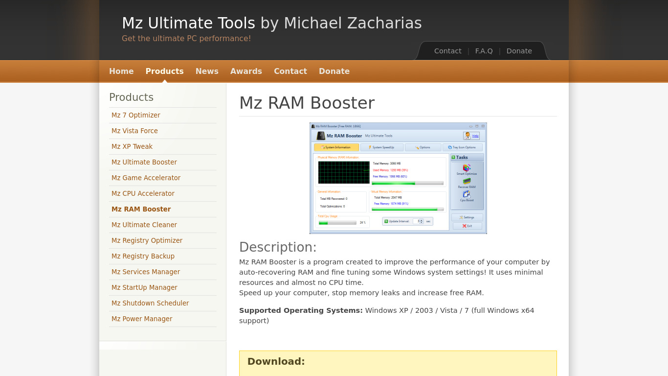 Mz Ram Booster Landing page