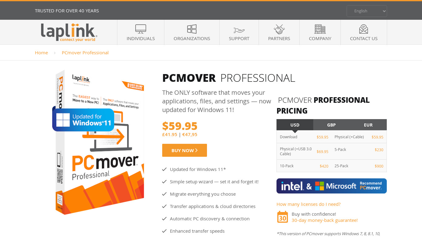PCmover Landing page