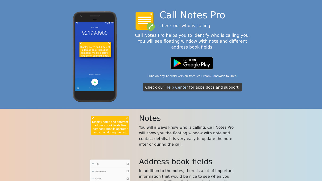 Call Notes Pro Landing page