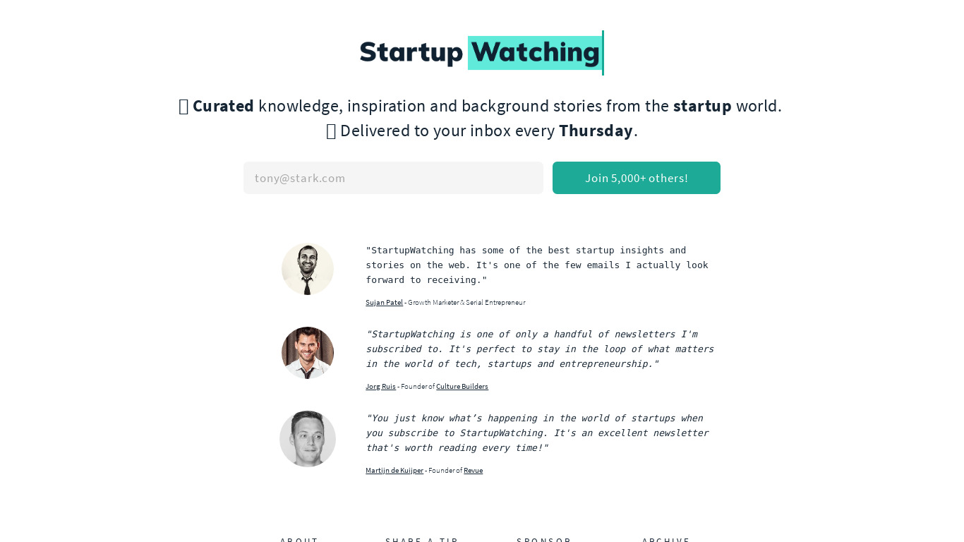 StartupWatching Landing page