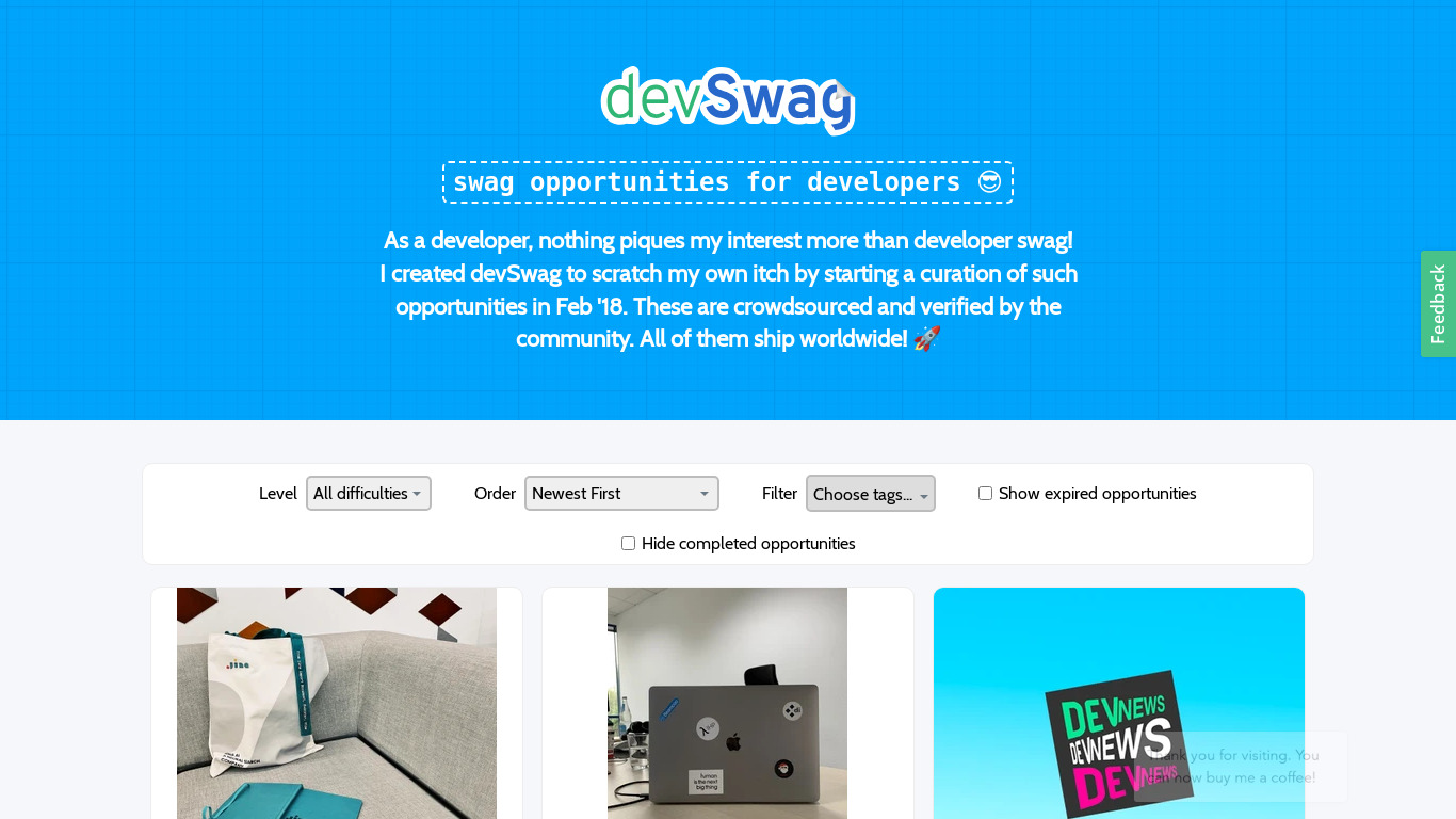 Swag for Dev Landing page