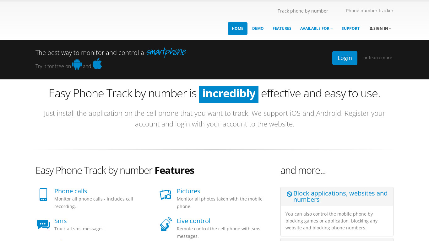 Easy Phone Track Landing page