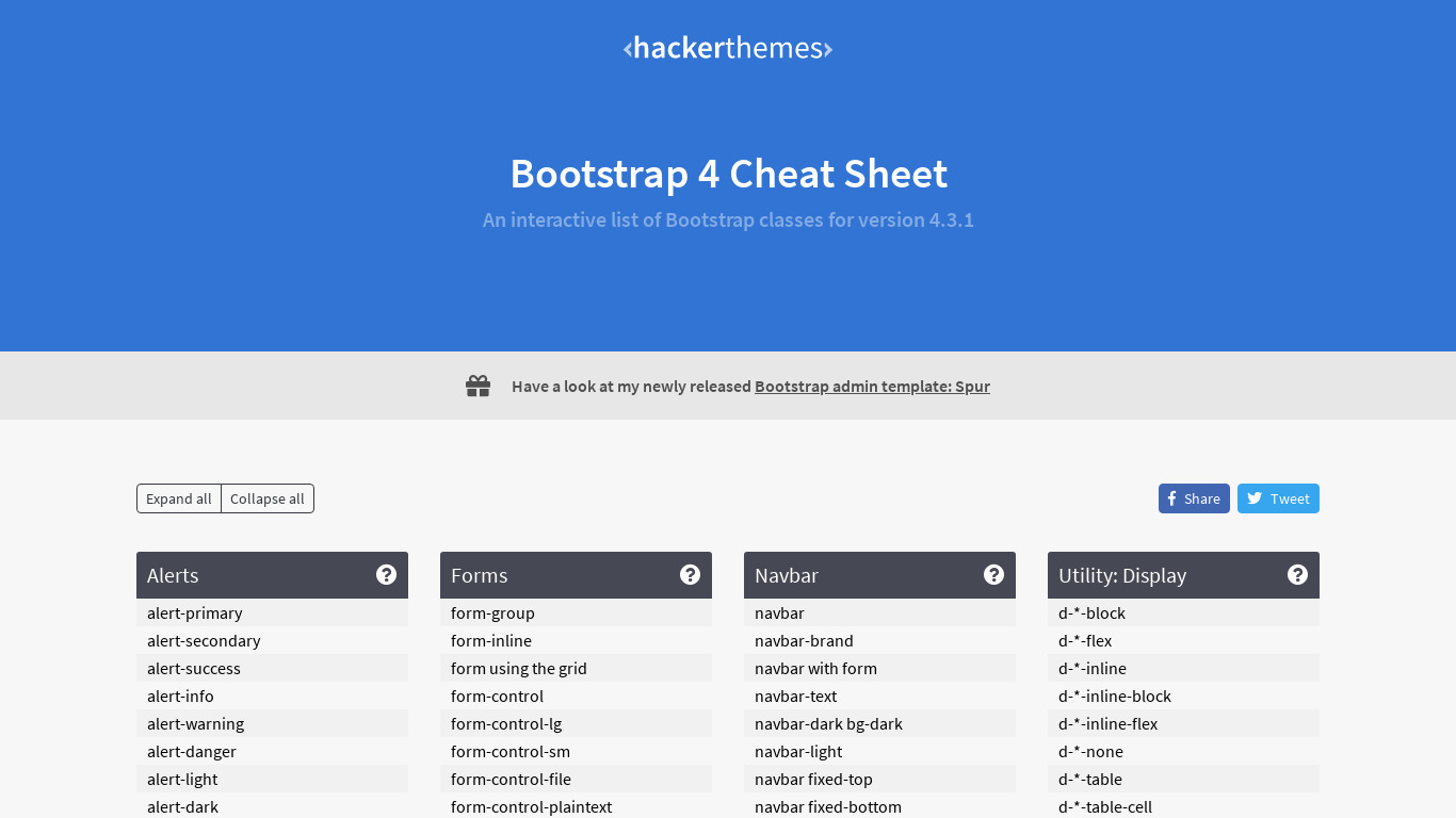 Bootstrap 4 Cheat Sheet Landing page