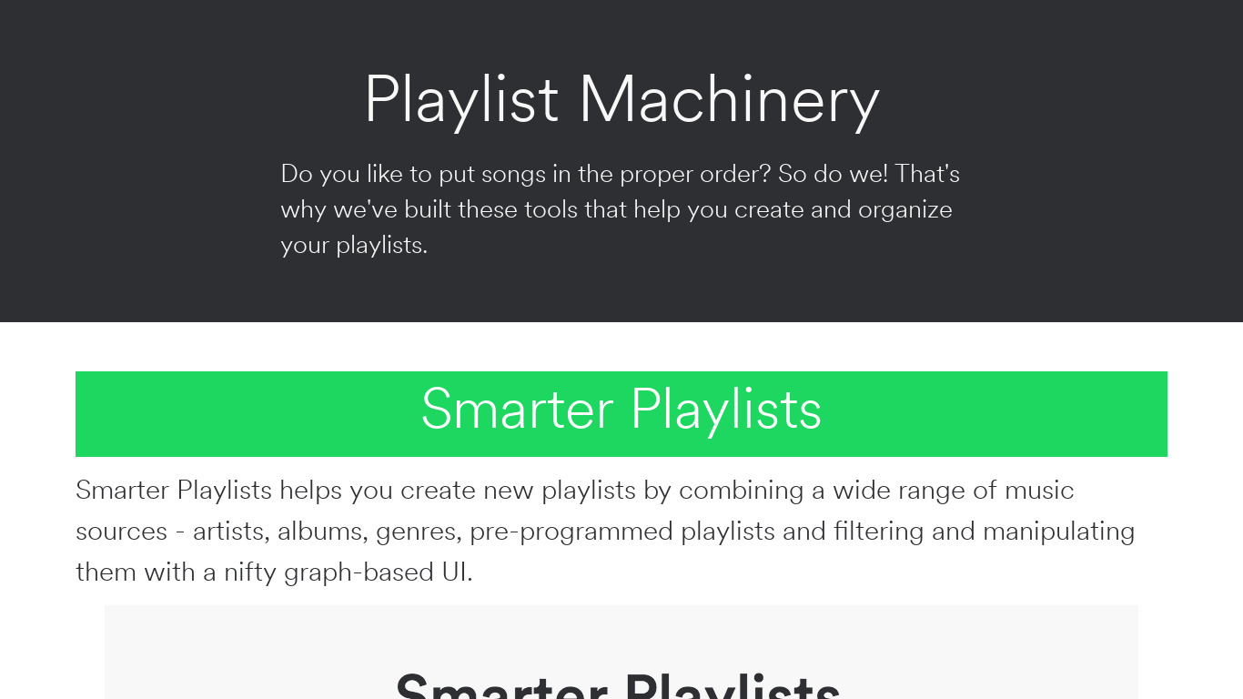 Playlist Machinery Landing page