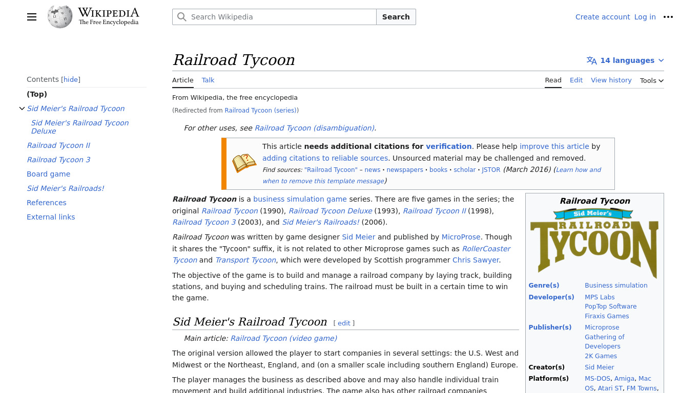 Railroad Tycoon Landing page