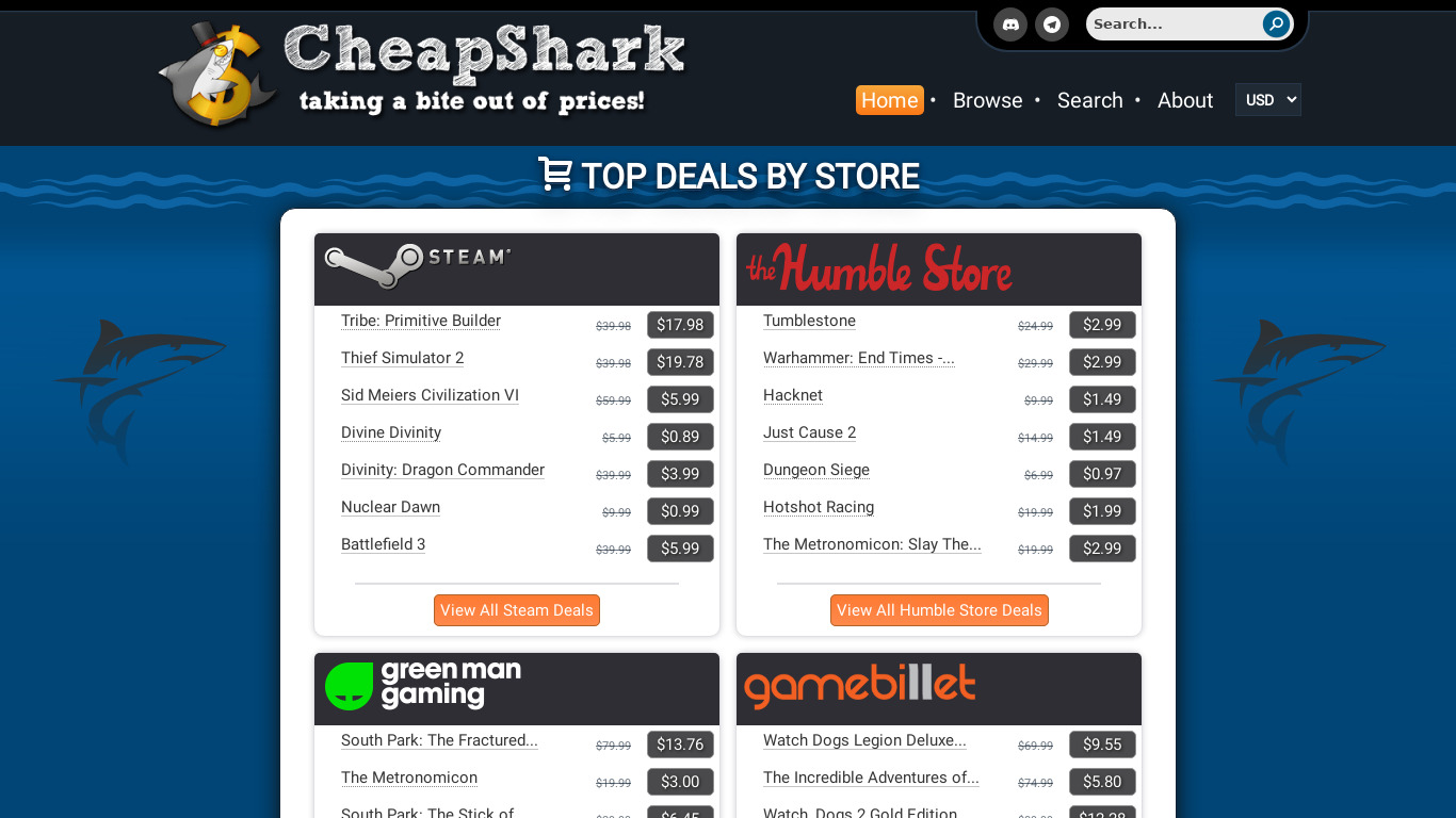 CheapShark.com Landing page