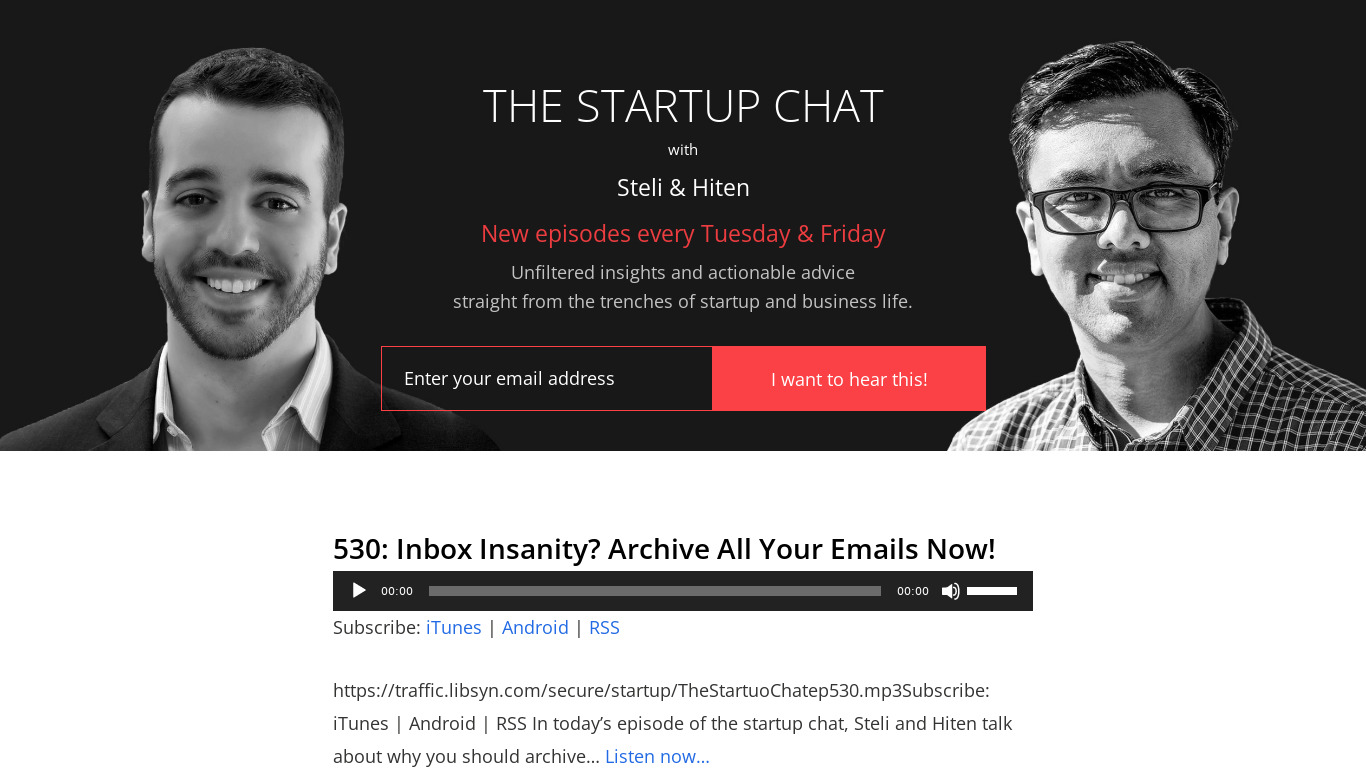 The Startup Chat Podcast Landing page