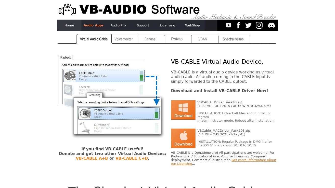 VB-Audio Virtual Cable Landing page