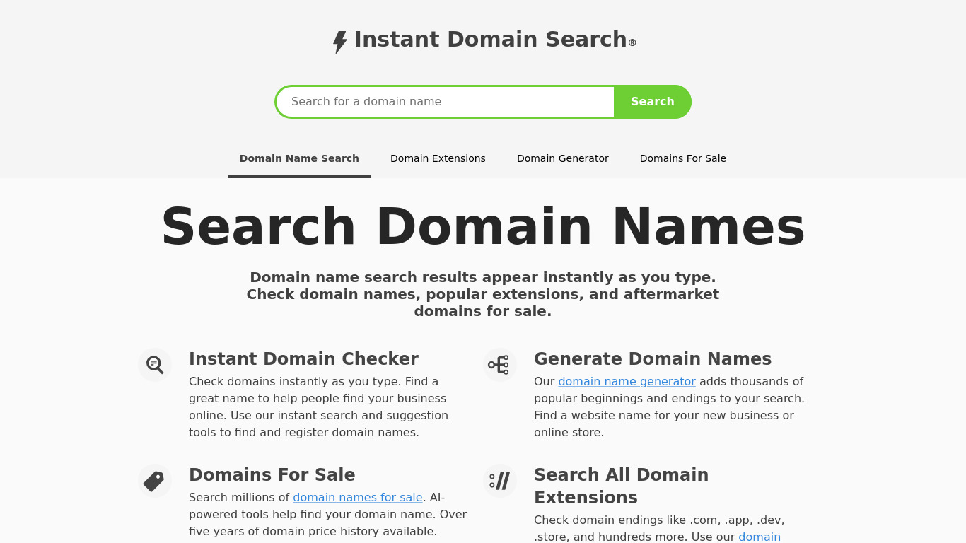 Instant Domain Search Landing page