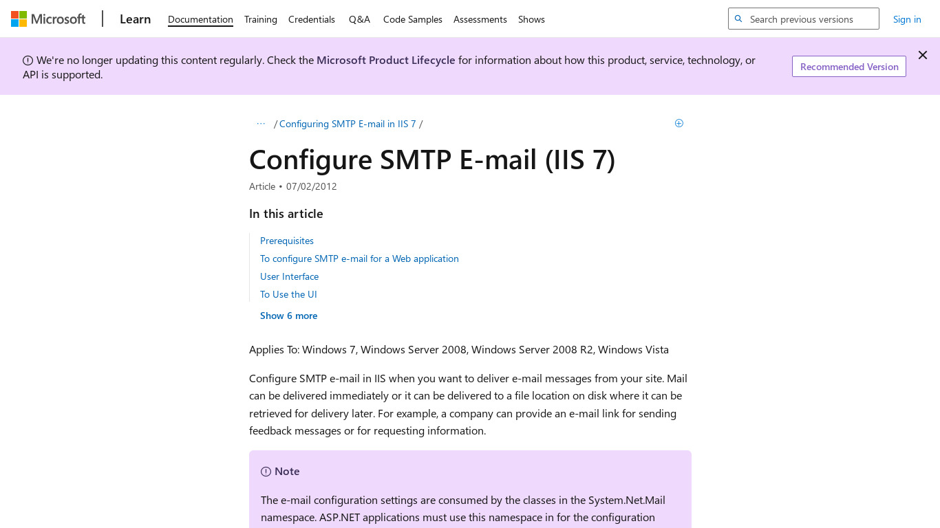 Microsoft SMTP Server Landing page