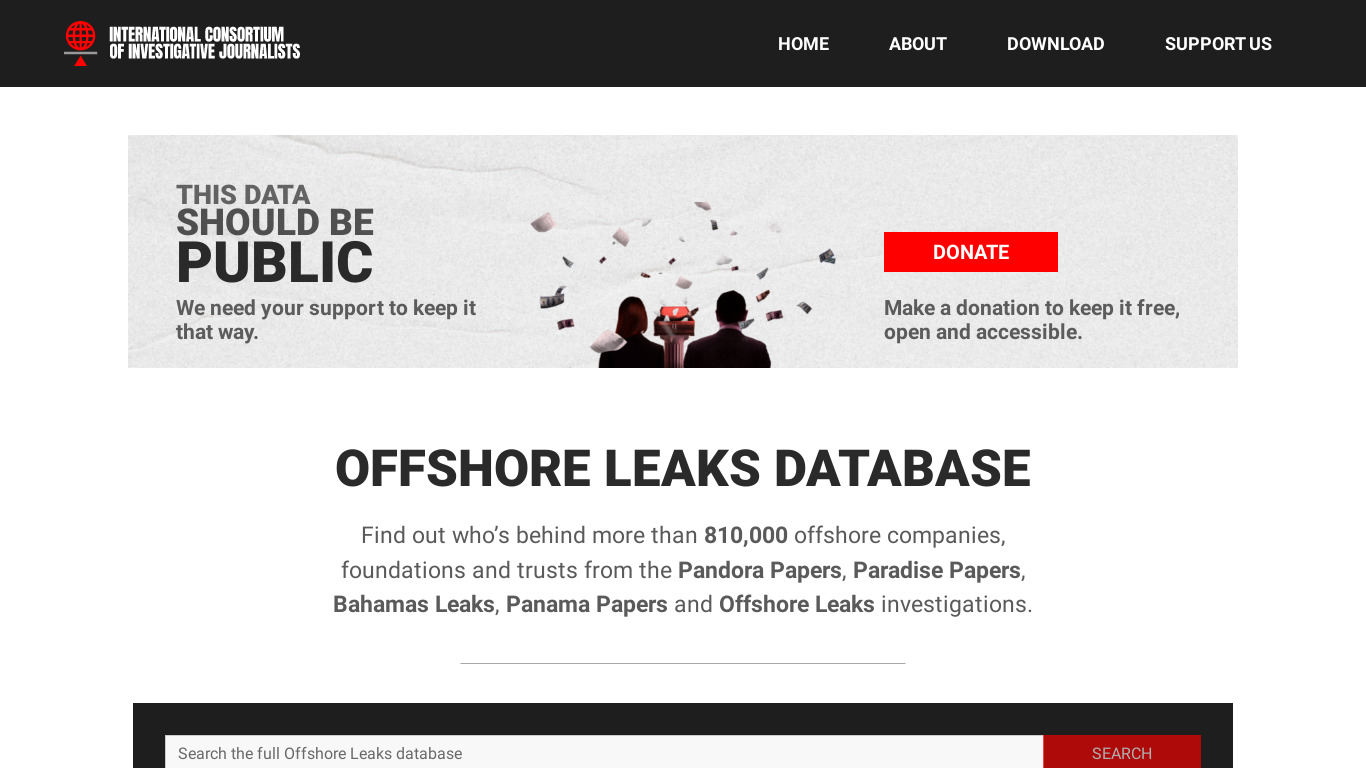 Offshore Leaks Database Landing page